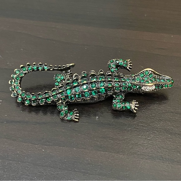 Antique Style Green Alligator Gator Crocodile Rhinestones Bling Brooch - Picture 6 of 12